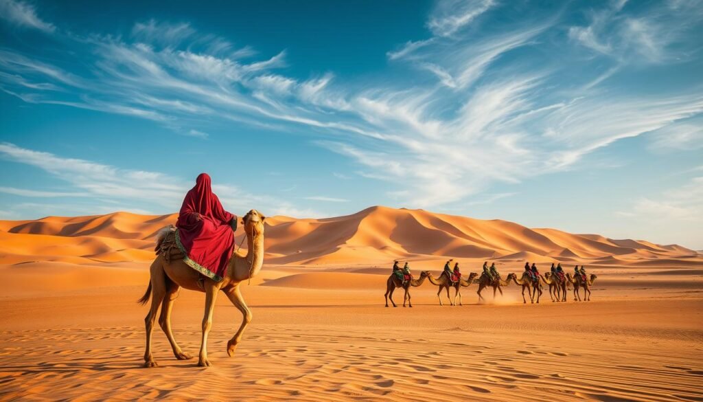 A desert oasis with a vibrant camel caravan gliding across the golden sands. In the foreground, a lone traveler sits atop a majestic dromedary, their robes billowing in the gentle breeze. The middle ground reveals a caravan of camels, their rhythmic footsteps kicking up clouds of sand. In the background, towering dunes stretch towards the horizon, their undulating forms cast in warm, golden light. The sky is a deep azure, dotted with wispy cirrus clouds, creating a serene, timeless atmosphere. Captured with a wide-angle lens, this scene conveys the sense of adventure and wonder inherent to a unique desert experience.