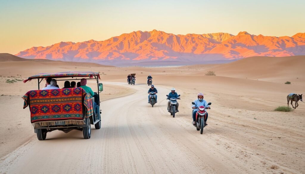 A desert road trip through the heart of Morocco, with a vibrant mix of traditional and modern transportation options. In the foreground, a colorful Berber-style carpet-covered vehicle navigates a winding dirt path, its passengers taking in the stunning landscapes. In the middle ground, a group of locals on motorbikes and donkeys transports goods, while in the background, the majestic Atlas Mountains rise up, bathed in the warm, golden light of the setting sun. The scene captures the essence of Moroccan travel - a blend of ancient and contemporary, set against a breathtaking natural backdrop.