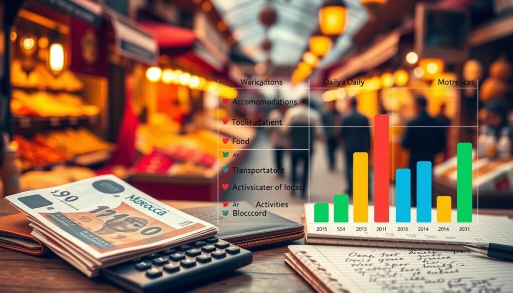 A detailed financial infographic depicting a daily budget breakdown for a Morocco trip. In the foreground, a stack of Moroccan dirham banknotes, alongside a calculator, a leather wallet, and a notebook with handwritten notes. The middle ground showcases various expense categories, such as accommodations, food, transportation, and activities, presented as colorful bar charts. In the background, a blurred panoramic view of a vibrant Moroccan market, with glimpses of spice stalls, lanterns, and local merchants. The lighting is warm and golden, evoking the essence of Moroccan culture. The overall mood is informative and visually engaging, helping the viewer understand the typical daily costs associated with a trip to Morocco.