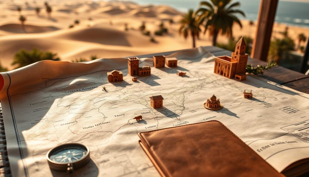 A detailed map of Morocco unfurling across a sun-dappled table, with hand-drawn itinerary routes connecting vibrant desert oases, coastal villages, and ancient medinas. In the foreground, a compass and a leather-bound journal lie open, hinting at the adventures to come. The middle ground showcases miniature models of traditional Moroccan architecture, from grand riads to Berber tents, casting warm, golden shadows. In the background, a softly blurred landscape of rolling dunes, palm trees, and the distant shimmer of the Atlantic Ocean, evoking the enchanting diversity of the Moroccan experience. Lighting is natural and ambient, with a sense of exploration and discovery. A detailed map of Morocco unfurling across a sun-dappled table, with hand-drawn itinerary routes connecting vibrant desert oases, coastal villages, and ancient medinas. In the foreground, a compass and a leather-bound journal lie open, hinting at the adventures to come. The middle ground showcases miniature models of traditional Moroccan architecture, from grand riads to Berber tents, casting warm, golden shadows. In the background, a softly blurred landscape of rolling dunes, palm trees, and the distant shimmer of the Atlantic Ocean, evoking the enchanting diversity of the Moroccan experience. Lighting is natural and ambient, with a sense of exploration and discovery.