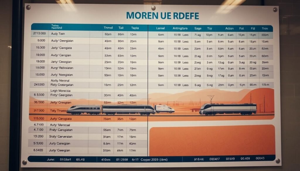 A detailed train route schedule poster, captured in a crisp, high-resolution photograph. The foreground showcases a clean, minimalist timetable layout, with train line names, departure and arrival times, and route maps clearly displayed against a muted, earthy color palette. The middle ground features sleek, modern train silhouettes in motion, conveying a sense of efficiency and connectivity. The background subtly hints at the scenic Moroccan landscape, with subtle hues of ochre, sage, and indigo, creating a warm, inviting atmosphere. Soft, diffused lighting illuminates the scene, lending an air of sophistication and professionalism to the overall composition.