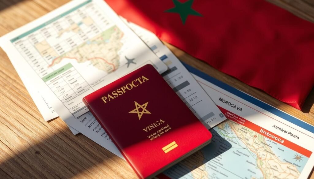 A detailed travel document composed of a Moroccan passport, airline tickets, train schedule, and bus map, all arranged on a rustic wooden surface. Warm natural lighting casts soft shadows, creating a sense of authenticity. The visa application form is prominently displayed, with the Moroccan flag in the background, conveying the official nature of the travel process. The overall composition reflects the practical information needed to plan a hassle-free journey, seamlessly blending the visa, flights, and transportation options.