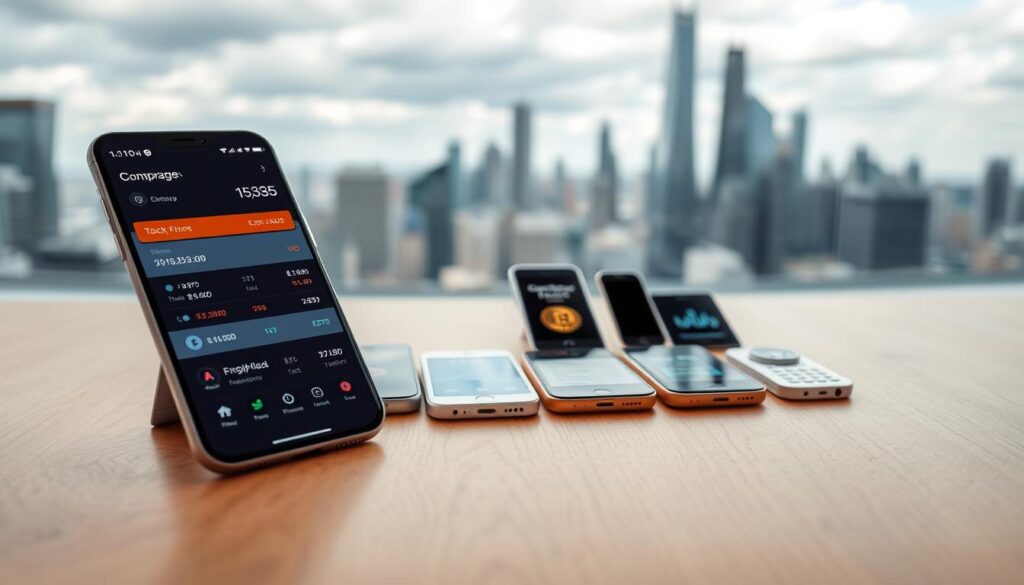 A digital currency exchange interface displayed on a sleek, silver smartphone in the foreground, its screen showcasing real-time conversion rates and various currency options. In the middle ground, a collection of financial apps and tools, each with intuitive designs and icons, are neatly arranged on a minimalist, wood-grained table surface. The background features a blurred cityscape, hinting at the global nature of currency management, with skyscrapers and a vibrant skyline providing a sense of scale and cosmopolitan setting.