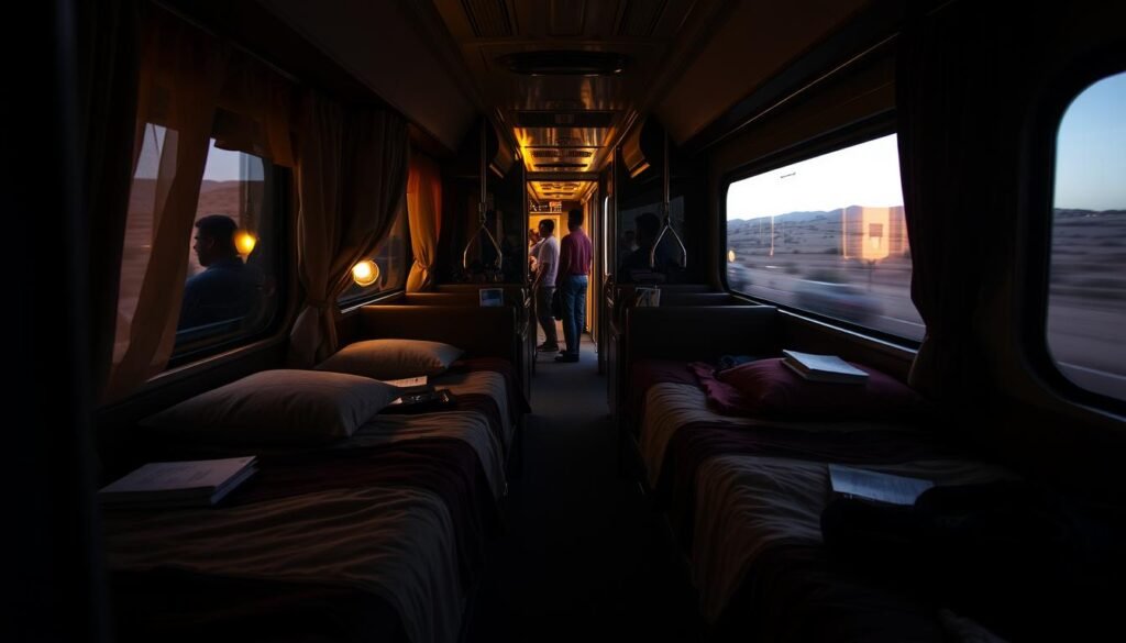 A dimly lit couchette compartment on an overnight Moroccan train, illuminated by soft, warm lighting filtering through the curtains. The plush, comfortable bunks are neatly made, creating an inviting, cozy atmosphere. Subtle details like personal belongings, reading lamps, and the rhythmic sway of the train add to the sense of a private, intimate space. The middle-ground features the corridor outside, with passengers passing by, while the background showcases the picturesque Moroccan countryside rushing by. A subtle, moody ambiance captures the tranquility and anticipation of an overnight train journey.