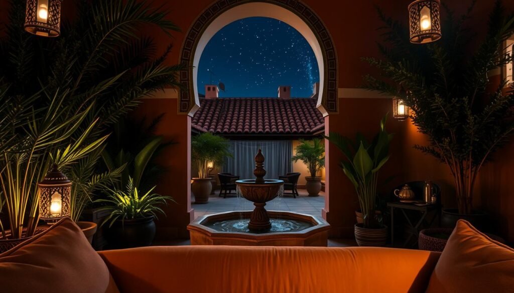 A dimly lit, cozy riad courtyard in Marrakech at night. A central fountain gently burbles, surrounded by lush potted plants and ornate Moroccan lanterns casting a warm glow. Beyond the arched entryway, a glimpse of a terracotta-tiled rooftop and the twinkling stars above. In the foreground, a plush, cushioned seating area invites guests to relax and sip mint tea. Soft lighting filters in from hidden sconces, creating a serene, intimate atmosphere perfect for an evening of Moroccan hospitality. A dimly lit, cozy riad courtyard in Marrakech at night. A central fountain gently burbles, surrounded by lush potted plants and ornate Moroccan lanterns casting a warm glow. Beyond the arched entryway, a glimpse of a terracotta-tiled rooftop and the twinkling stars above. In the foreground, a plush, cushioned seating area invites guests to relax and sip mint tea. Soft lighting filters in from hidden sconces, creating a serene, intimate atmosphere perfect for an evening of Moroccan hospitality.
