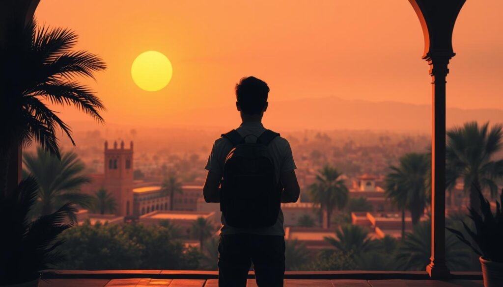 A dimly lit, cozy travel safety tips illustration featuring a backpacker standing in the foreground, facing a panoramic vista of a Moroccan landscape in the middle ground. The backpacker's pose conveys a sense of caution and awareness, with a backpack on their shoulders and eyes scanning the horizon. The background showcases iconic Moroccan architecture, lush palm trees, and a warm, golden hue cast by the setting sun. The lighting is soft and atmospheric, creating a sense of security and tranquility. The scene is captured through a wide-angle lens, emphasizing the vastness of the surroundings and the backpacker's small, yet important role in navigating the enchanting kingdom safely.