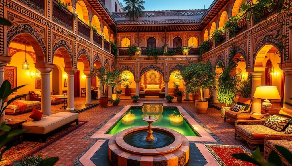 A grand traditional Moroccan riad nestled in the heart of a bustling medina, its intricate facade adorned with ornate arches, intricate tilework, and lush greenery. The central courtyard is a tranquil oasis, with a serene pool reflecting the sky and surrounding architecture. Warm, ambient lighting casts a golden glow, creating a cozy and inviting atmosphere. Plush furnishings, rich fabrics, and traditional Berber rugs adorn the intimate guest rooms, promising an immersive and authentic Moroccan experience. Distant sounds of the lively souk mingle with the soothing murmur of a flowing fountain, transporting visitors to a realm of timeless Moroccan hospitality.