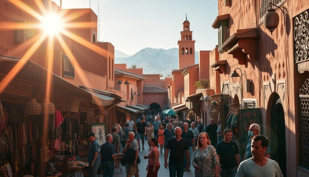 A lively Marrakech medina bustling with vibrant activity, captured in a wide-angle shot that showcases the intricate architecture, colorful stalls, and crowded alleyways. Warm afternoon sunlight filters through the narrow passageways, casting long shadows and illuminating the earthy tones of the adobe buildings. In the foreground, vendors hawk their wares - handcrafted leather goods, fragrant spices, and ornate lanterns - while locals and adventurous travelers navigate the labyrinthine streets. The middle ground features the iconic tiled roofs, ornate doorways, and towering minarets that are hallmarks of this historic Moroccan city. In the background, the snow-capped Atlas Mountains rise majestically, providing a dramatic backdrop to this vibrant, budget-friendly destination.