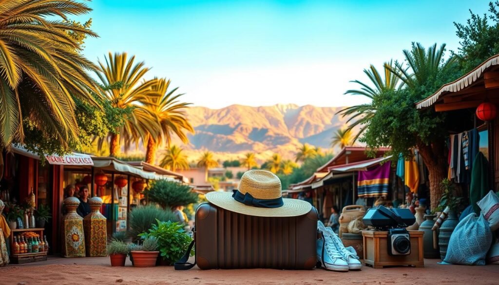 A lush oasis in the Sahara desert, with a vibrant Moroccan marketplace in the foreground. In the background, a clear blue sky and the majestic Atlas Mountains. In the middle, a well-packed suitcase, a sun hat, and other essential travel items, bathed in warm, golden light. The scene conveys the perfect blend of adventure, culture, and the essentials for a memorable Moroccan journey.