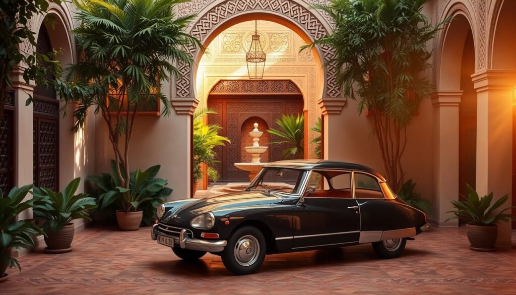 A luxurious Moroccan riad nestled in the heart of Marrakech, its ornate arched doorway leading to a serene central courtyard with a tranquil fountain. Lush foliage and intricate tilework adorn the space, bathed in warm, golden light filtering through carved wooden screens. In the foreground, a vintage Citroen DS automobile waits, its polished chrome gleaming, ready to whisk guests away on a bespoke tour of the vibrant city. The scene exudes a timeless elegance, capturing the essence of Morocco's rich cultural heritage and unwavering commitment to exceptional hospitality. A luxurious Moroccan riad nestled in the heart of Marrakech, its ornate arched doorway leading to a serene central courtyard with a tranquil fountain. Lush foliage and intricate tilework adorn the space, bathed in warm, golden light filtering through carved wooden screens. In the foreground, a vintage Citroen DS automobile waits, its polished chrome gleaming, ready to whisk guests away on a bespoke tour of the vibrant city. The scene exudes a timeless elegance, capturing the essence of Morocco's rich cultural heritage and unwavering commitment to exceptional hospitality.