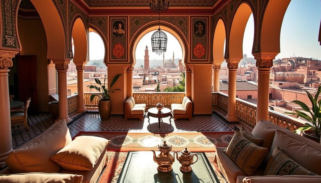 A luxurious Moroccan riad nestled in the heart of a bustling medina, its intricate archways and colorful tiles reflecting the warm glow of the afternoon sun. In the foreground, a well-appointed sitting area with plush ottomans and a ornate tea set, inviting guests to indulge in a moment of respite. In the middle ground, a personal concierge presents a detailed itinerary, meticulously tailored to the traveler's interests - from exploring the vibrant souks to hiking the majestic Atlas Mountains. The background reveals a glimpse of the city beyond, its minarets and rooftops creating a picturesque skyline. This scene embodies the essence of a personalized Morocco tour, offering an immersive and luxurious experience for the discerning traveler.