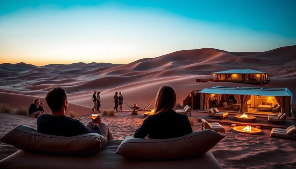 A luxurious desert camp nestled in the rolling dunes of Morocco, bathed in warm, golden light. In the foreground, a couple relaxes on plush cushions, sipping fragrant mint tea and gazing out at the scenic vista. In the middle ground, a family explores the camp's amenities, including a large, open-air lounge with cozy hammocks and a crackling fire pit. The background reveals the camp's elegant tented suites, their muted tones blending seamlessly with the arid landscape. The scene conveys a sense of tranquility, comfort and immersion in the timeless beauty of the Moroccan desert. A luxurious desert camp nestled in the rolling dunes of Morocco, bathed in warm, golden light. In the foreground, a couple relaxes on plush cushions, sipping fragrant mint tea and gazing out at the scenic vista. In the middle ground, a family explores the camp's amenities, including a large, open-air lounge with cozy hammocks and a crackling fire pit. The background reveals the camp's elegant tented suites, their muted tones blending seamlessly with the arid landscape. The scene conveys a sense of tranquility, comfort and immersion in the timeless beauty of the Moroccan desert.
