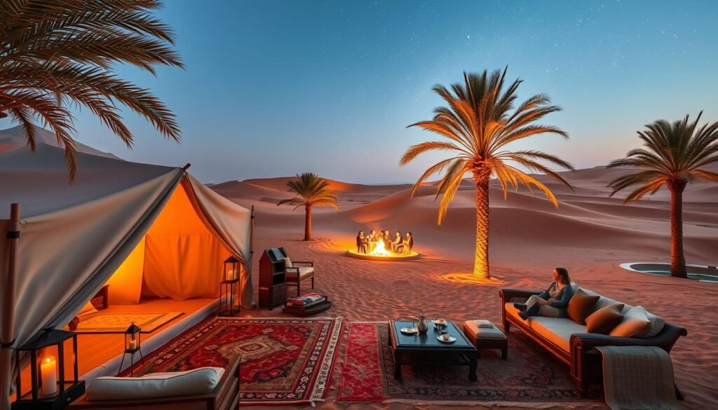 A luxurious oasis in the heart of the Sahara desert, with elegant canvas tents surrounded by gently swaying palms and rolling sand dunes. Warm, golden sunlight filters through the tent flaps, casting a soft, welcoming glow. Plush rugs, handcrafted furniture, and lanterns create a cozy, high-end ambiance. In the distance, a campfire crackles, and a small group of guests gathers, sipping mint tea and sharing stories under a canopy of brilliant stars. The scene evokes a sense of tranquility, adventure, and the perfect balance of comfort and immersion in the timeless beauty of the Saharan landscape.