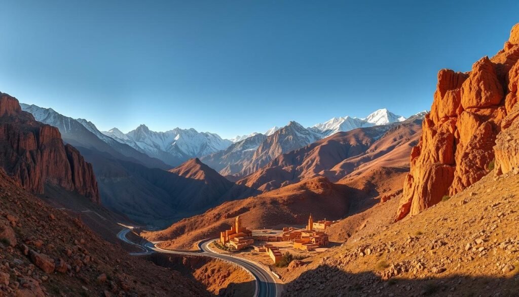 A majestic landscape of the High Atlas Mountains in Morocco, with snow-capped peaks towering above rugged valleys and winding roads. In the foreground, a winding road cuts through a dramatic gorge, flanked by towering cliffs and rocky outcroppings. The middle ground features a traditional Berber village, its earthen-toned buildings nestled among the foothills. In the background, the peaks of the High Atlas stretch out, their jagged silhouettes cutting against a clear, blue sky illuminated by warm, golden sunlight. The scene conveys a sense of ancient, timeless grandeur, inviting the viewer to explore the rugged beauty and cultural richness of this UNESCO World Heritage region.