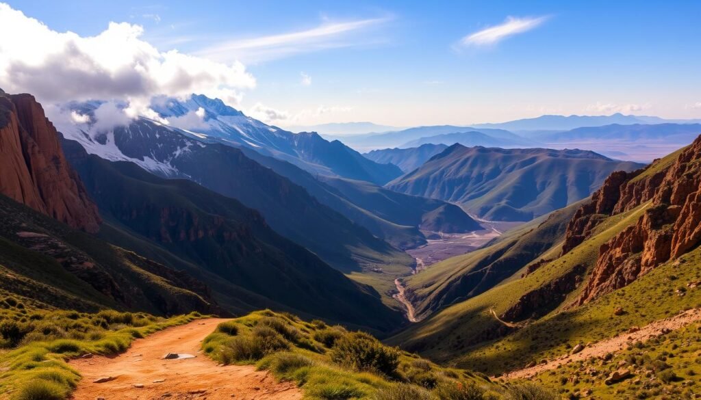 A majestic vista of the Atlas Mountains, their jagged peaks reaching for the sky, capped with pristine snow. In the foreground, a rugged dirt path winds through a lush, green valley, flanked by towering, ochre-hued cliffs. A warm, golden light filters through wispy clouds, casting a soft, diffused glow over the scene. In the distance, a range of undulating, violet-tinged ridges recedes into the horizon, creating a sense of depth and scale. The overall atmosphere is one of timeless grandeur, inviting the viewer to embark on a journey through this awe-inspiring, ancient landscape.