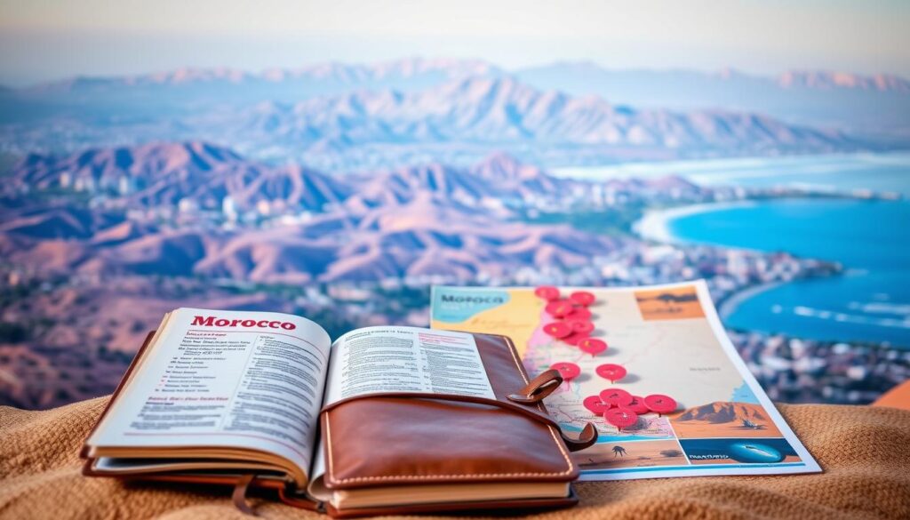A meticulously designed travel planning guide for Morocco, featuring a captivating mix of desert landscapes, bustling souks, and serene coastal vistas. In the foreground, a leather-bound journal with a detailed itinerary and tips for navigating the country's rich cultural heritage. The middle ground showcases a map of Morocco, with vibrant markers highlighting must-visit destinations, from the Saharan dunes of Merzouga to the azure waters of Essaouira. In the background, a panoramic view of the Atlas Mountains, their peaks shrouded in a warm, golden light that evokes the essence of Moroccan adventure. The overall composition exudes a sense of exploration, inspiration, and the promise of an unforgettable journey through this enchanting North African nation. A meticulously designed travel planning guide for Morocco, featuring a captivating mix of desert landscapes, bustling souks, and serene coastal vistas. In the foreground, a leather-bound journal with a detailed itinerary and tips for navigating the country's rich cultural heritage. The middle ground showcases a map of Morocco, with vibrant markers highlighting must-visit destinations, from the Saharan dunes of Merzouga to the azure waters of Essaouira. In the background, a panoramic view of the Atlas Mountains, their peaks shrouded in a warm, golden light that evokes the essence of Moroccan adventure. The overall composition exudes a sense of exploration, inspiration, and the promise of an unforgettable journey through this enchanting North African nation.