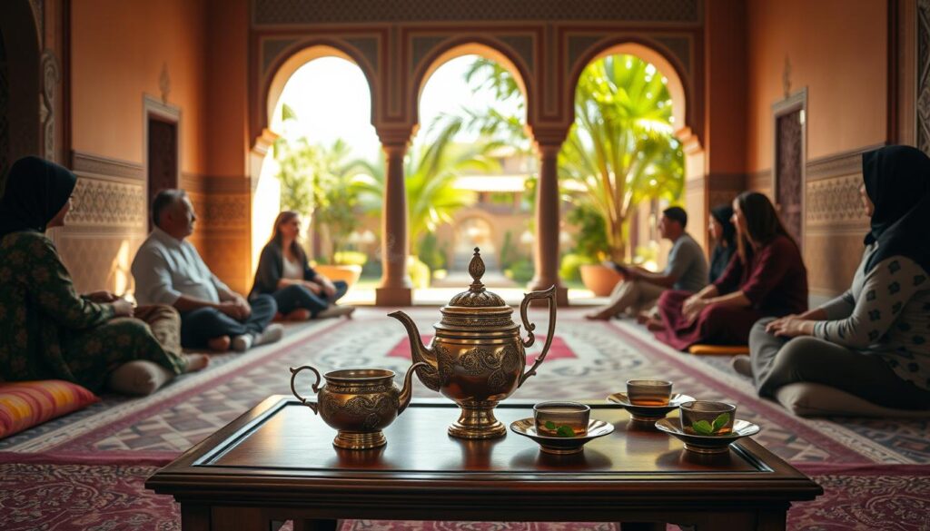 A meticulously detailed Moroccan mint tea ceremony set against a warm, earthy backdrop. In the foreground, a traditional ornate silver teapot and glasses rest on a low wooden table, steam gently rising. Around the table, guests sit cross-legged on plush floor cushions, engaged in lively conversation. The middle ground reveals an intricately tiled floor and walls adorned with intricate geometric patterns, casting a soft, golden glow. In the background, tall archways frame a lush courtyard garden, where sunlight filters through verdant foliage. The overall scene exudes a sense of timeless elegance, hospitality, and the rich cultural heritage of Morocco. A meticulously detailed Moroccan mint tea ceremony set against a warm, earthy backdrop. In the foreground, a traditional ornate silver teapot and glasses rest on a low wooden table, steam gently rising. Around the table, guests sit cross-legged on plush floor cushions, engaged in lively conversation. The middle ground reveals an intricately tiled floor and walls adorned with intricate geometric patterns, casting a soft, golden glow. In the background, tall archways frame a lush courtyard garden, where sunlight filters through verdant foliage. The overall scene exudes a sense of timeless elegance, hospitality, and the rich cultural heritage of Morocco.