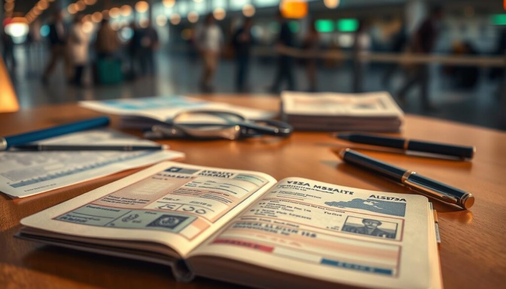 A meticulously detailed passport, open on a wooden table illuminated by warm, natural lighting. The foreground showcases the passport's pages, visas, and stamps, conveying a sense of international travel and bureaucratic requirements. In the middle ground, various travel documents and accessories like a boarding pass, magnifying glass, and pen subtly complement the scene. The background blurs softly, hinting at the larger context of a bustling airport or border crossing, emphasizing the importance of navigating visa and entry procedures.