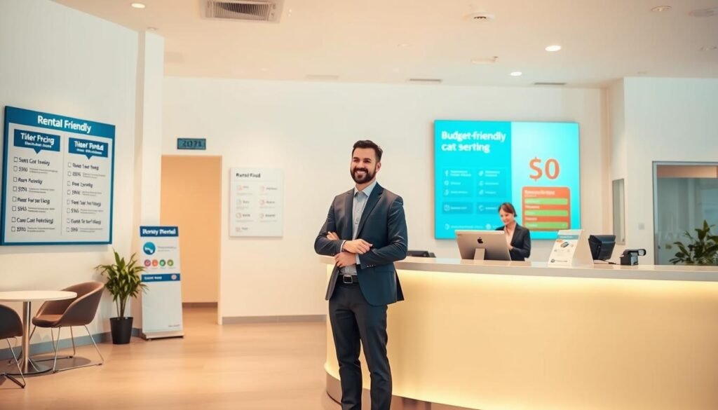 A modern, minimalist car rental office interior with warm lighting and clean, contemporary furnishings. In the foreground, a well-dressed customer stands at the counter, discussing rental options with a smiling agent. On the walls, informational displays showcase tiered pricing structures and money-saving packages. The overall atmosphere conveys a professional, yet accessible vibe, reflecting the "budget-friendly" theme. The scene is captured from a slightly elevated angle, lending a sense of clarity and organization to the composition.
