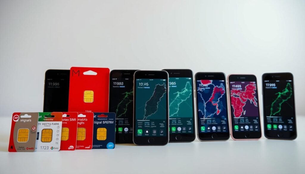 A modern, sleek comparison of the top mobile providers in Morocco, captured in a high-resolution, wide-angle photograph. In the foreground, several SIM card packages are neatly arranged, showcasing their distinctive designs and logos. The middle ground features several smartphones displaying signal strength and coverage maps, allowing for a direct side-by-side comparison. The background depicts a minimalist, well-lit studio setting, with soft, diffused lighting highlighting the products. The overall tone is professional, informative, and visually engaging, inviting the viewer to explore the options for reliable connectivity during a trip to Morocco. A modern, sleek comparison of the top mobile providers in Morocco, captured in a high-resolution, wide-angle photograph. In the foreground, several SIM card packages are neatly arranged, showcasing their distinctive designs and logos. The middle ground features several smartphones displaying signal strength and coverage maps, allowing for a direct side-by-side comparison. The background depicts a minimalist, well-lit studio setting, with soft, diffused lighting highlighting the products. The overall tone is professional, informative, and visually engaging, inviting the viewer to explore the options for reliable connectivity during a trip to Morocco.