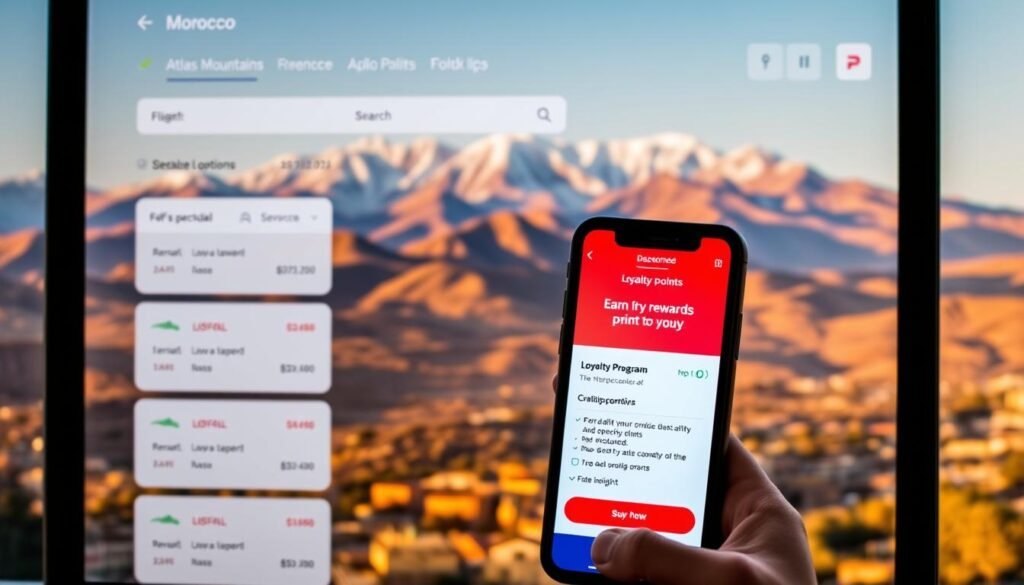 A neatly organized booking interface showcases discounted flight options to Morocco, with sleek icons and intuitive filters to refine the search. The background features a panoramic view of the Atlas Mountains, their snow-capped peaks bathed in warm, golden light. In the foreground, a smartphone displays loyalty program details, hinting at opportunities to earn rewards points for the journey. The overall composition conveys a sense of efficiency, adventure, and the promise of an unforgettable Moroccan experience.