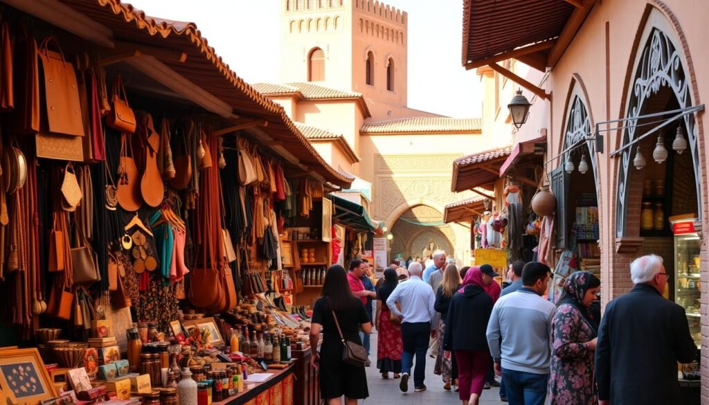 A picturesque Moroccan marketplace, with vibrant colors and lively activity. In the foreground, a merchant stall displays an assortment of handcrafted souvenirs, leather goods, and traditional textiles. Shoppers negotiate prices, creating a lively atmosphere. In the middle ground, a narrow alley winds through the bustling bazaar, lined with small shops and stalls offering spices, incense, and aromatic herbs. The background features the iconic architecture of Marrakech, with its ornate tiled roofs and intricate, carved doorways, bathed in warm, golden sunlight. The overall scene conveys the essence of Moroccan culture and the potential for budget-friendly travel experiences.