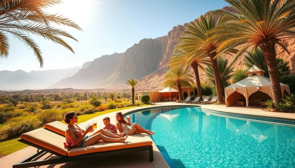 A picturesque Moroccan oasis, with a lush palm-fringed pool nestled against a backdrop of towering Atlas Mountains. In the foreground, a family of four - parents and two children - relaxing on plush sun loungers, sipping refreshing beverages under the warm, golden light of the Moroccan sun. Nearby, a traditional Berber tent beckons, hinting at the adventure and cultural immersion that awaits. The scene exudes a sense of luxurious tranquility, seamlessly blending the family-friendly comforts with the exotic allure of Morocco's natural splendor. A wide-angle lens captures the grand scale of this breathtaking vacation haven, inviting the viewer to imagine themselves as part of this idyllic Moroccan escape. A picturesque Moroccan oasis, with a lush palm-fringed pool nestled against a backdrop of towering Atlas Mountains. In the foreground, a family of four - parents and two children - relaxing on plush sun loungers, sipping refreshing beverages under the warm, golden light of the Moroccan sun. Nearby, a traditional Berber tent beckons, hinting at the adventure and cultural immersion that awaits. The scene exudes a sense of luxurious tranquility, seamlessly blending the family-friendly comforts with the exotic allure of Morocco's natural splendor. A wide-angle lens captures the grand scale of this breathtaking vacation haven, inviting the viewer to imagine themselves as part of this idyllic Moroccan escape.