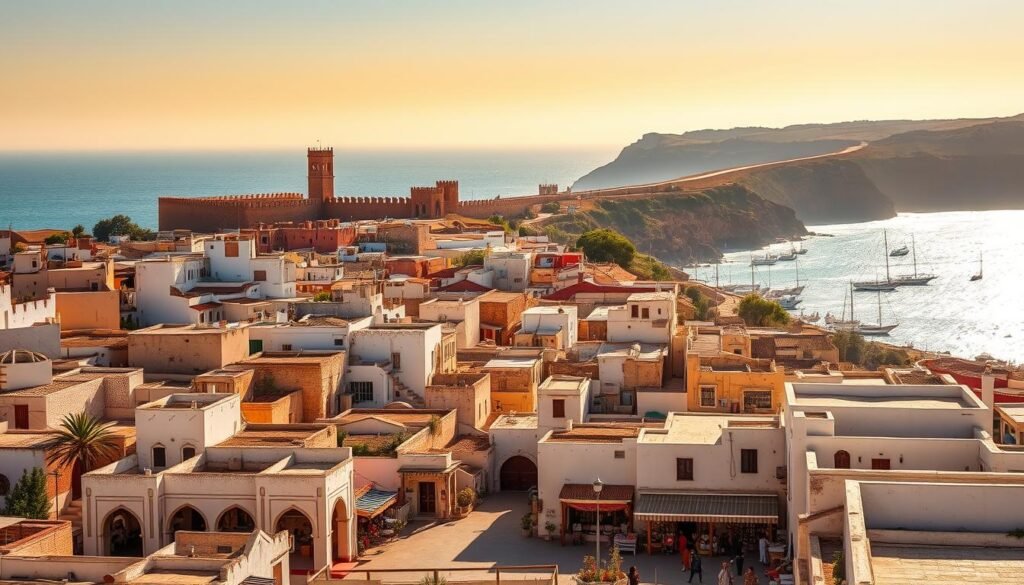A picturesque Moroccan town nestled along the Atlantic coast, bathed in warm, golden sunlight. In the foreground, a bustling medina with whitewashed buildings, intricate archways, and vibrant market stalls offering local crafts and spices. In the middle ground, the iconic ramparts and fortifications of the old city, their towering silhouettes casting long shadows. In the background, the shimmering azure waters of the ocean, dotted with traditional fishing boats and framed by rugged cliffs. The atmosphere is one of relaxed, unhurried calm, with a gentle sea breeze carrying the scent of the sea and the aroma of freshly baked bread. A serene and inviting scene that captures the essence of Essaouira's beguiling coastal charm. A picturesque Moroccan town nestled along the Atlantic coast, bathed in warm, golden sunlight. In the foreground, a bustling medina with whitewashed buildings, intricate archways, and vibrant market stalls offering local crafts and spices. In the middle ground, the iconic ramparts and fortifications of the old city, their towering silhouettes casting long shadows. In the background, the shimmering azure waters of the ocean, dotted with traditional fishing boats and framed by rugged cliffs. The atmosphere is one of relaxed, unhurried calm, with a gentle sea breeze carrying the scent of the sea and the aroma of freshly baked bread. A serene and inviting scene that captures the essence of Essaouira's beguiling coastal charm.