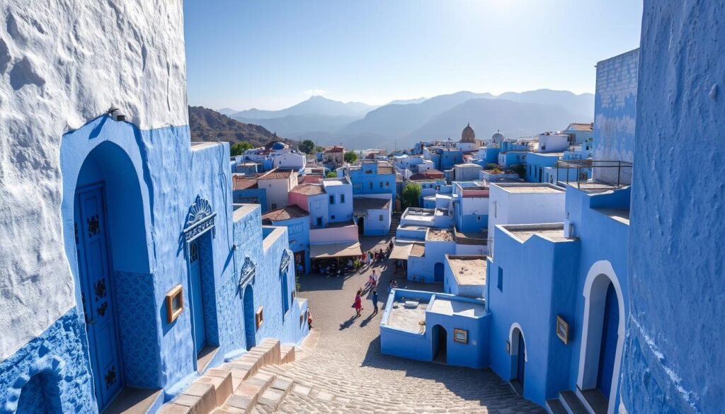 A picturesque Moroccan town nestled in the Rif Mountains, Chefchaouen is a vibrant blue oasis. Narrow, winding streets are flanked by whitewashed buildings in shades of azure, cobalt, and cerulean. Sunlight filters through the clusters of colorful homes, casting dramatic shadows that dance across the cobblestone paths. Intricate archways and ornate doorways lead to charming plazas where locals gather. In the distance, the dramatic silhouettes of the Rif range rise up, framing this enchanting northern gem. A wide-angle lens captures the town's mesmerizing blue hues and quaint Moroccan ambiance, creating a dreamlike scene that evokes the serene beauty of Chefchaouen.