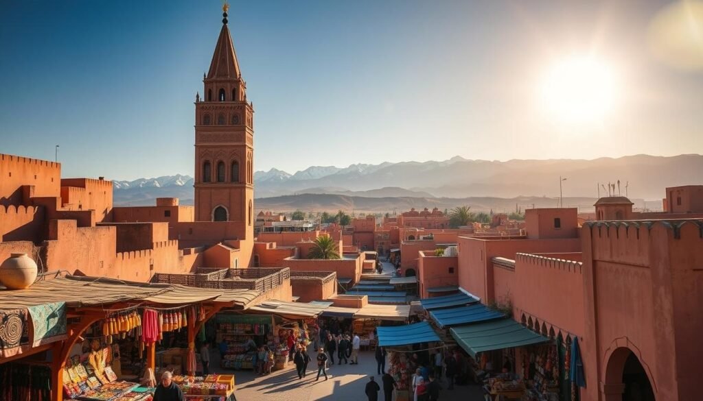 A picturesque UNESCO World Heritage site in Morocco, with the iconic Koutoubia Mosque towering over the historic medina of Marrakech. In the foreground, a colorful marketplace bustles with local artisans and vendors, their intricate handcrafted wares on display. The mid-ground reveals the winding alleyways and ochre-hued buildings that characterize this Moorish architectural gem, while the background is dominated by the majestic Atlas Mountains, their snow-capped peaks reaching towards the azure sky. Warm, golden sunlight filters through the scene, creating a serene and enchanting atmosphere that captures the cultural essence of this Moroccan treasure.