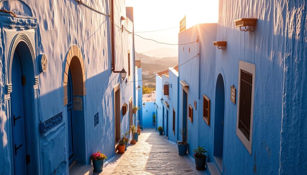 A picturesque winding street in the heart of Chefchaouen, Morocco, bathed in the soft, warm light of the midday sun. The buildings lining the narrow path are painted in a vibrant shade of blue, creating a mesmerizing and dreamlike atmosphere. Intricate doorways, archways, and window frames add layers of visual interest, while small potted plants and flowers provide pops of color. In the distance, a glimpse of the surrounding mountains can be seen, hinting at the stunning natural landscapes that surround this enchanting town. The overall scene evokes a sense of tranquility, inviting the viewer to imagine strolling through this charming, photogenic destination.