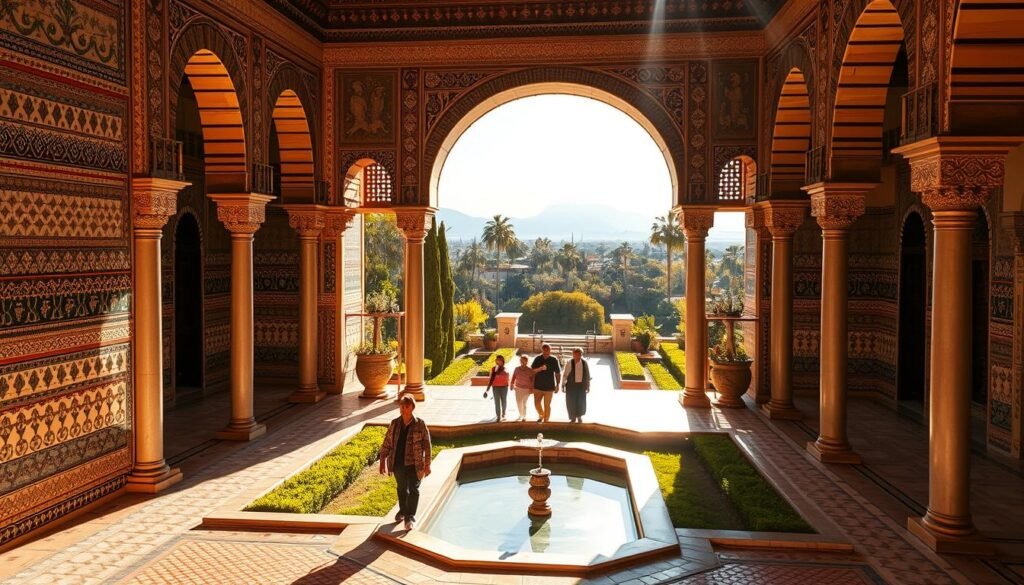A private guided tour of an opulent Moroccan palace in Marrakech. Intricate tile work and ornate arches frame a lush courtyard garden, where a small group of VIP guests stroll along the central fountain. Warm afternoon sunlight streams through the archways, casting a soft glow over the scene. In the background, a distant view of the Atlas Mountains provides a majestic backdrop. The atmosphere is one of exclusivity, luxury, and cultural immersion, ideal for discerning travelers seeking an exceptional Moroccan experience. A private guided tour of an opulent Moroccan palace in Marrakech. Intricate tile work and ornate arches frame a lush courtyard garden, where a small group of VIP guests stroll along the central fountain. Warm afternoon sunlight streams through the archways, casting a soft glow over the scene. In the background, a distant view of the Atlas Mountains provides a majestic backdrop. The atmosphere is one of exclusivity, luxury, and cultural immersion, ideal for discerning travelers seeking an exceptional Moroccan experience.