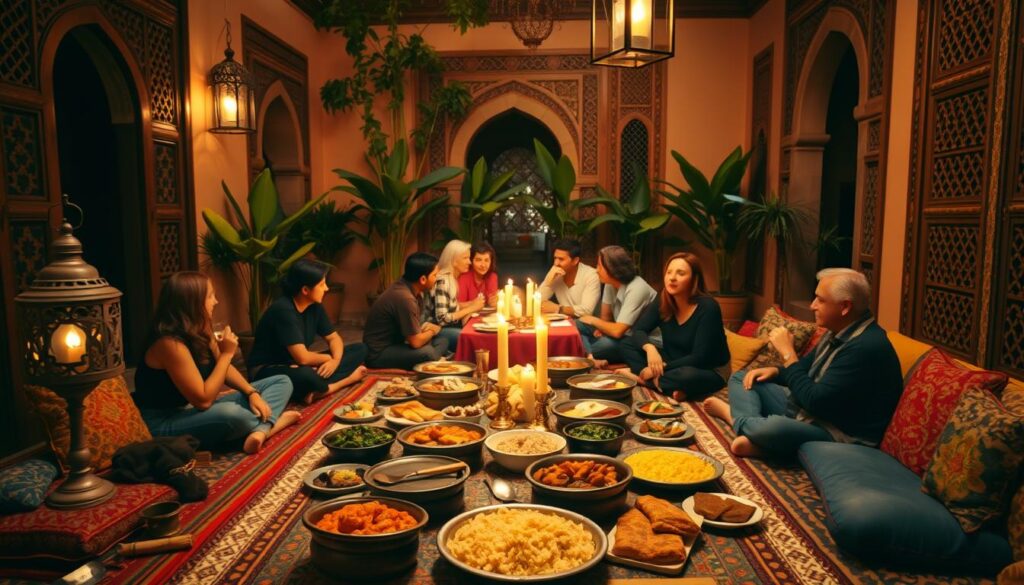 A richly textured traditional Moroccan dining experience, captured in a warm, intimate setting. In the foreground, a low table laden with an array of fragrant tagine dishes, couscous, and fresh bread, surrounded by colorful handwoven rugs and plush cushions inviting guests to sit cross-legged. Ornate metal lanterns cast a soft, flickering glow, illuminating the intricate tilework and carved wooden panels that adorn the walls. In the middle ground, a group of diners enjoying the communal feast, their faces alight with conversation and the joy of sharing this authentic cultural experience. The background evokes the essence of Moroccan architecture, with arched doorways, intricate latticework, and lush potted plants casting playful shadows. An atmosphere of timeless tradition, rich flavors, and shared connection permeates the scene. A richly textured traditional Moroccan dining experience, captured in a warm, intimate setting. In the foreground, a low table laden with an array of fragrant tagine dishes, couscous, and fresh bread, surrounded by colorful handwoven rugs and plush cushions inviting guests to sit cross-legged. Ornate metal lanterns cast a soft, flickering glow, illuminating the intricate tilework and carved wooden panels that adorn the walls. In the middle ground, a group of diners enjoying the communal feast, their faces alight with conversation and the joy of sharing this authentic cultural experience. The background evokes the essence of Moroccan architecture, with arched doorways, intricate latticework, and lush potted plants casting playful shadows. An atmosphere of timeless tradition, rich flavors, and shared connection permeates the scene.