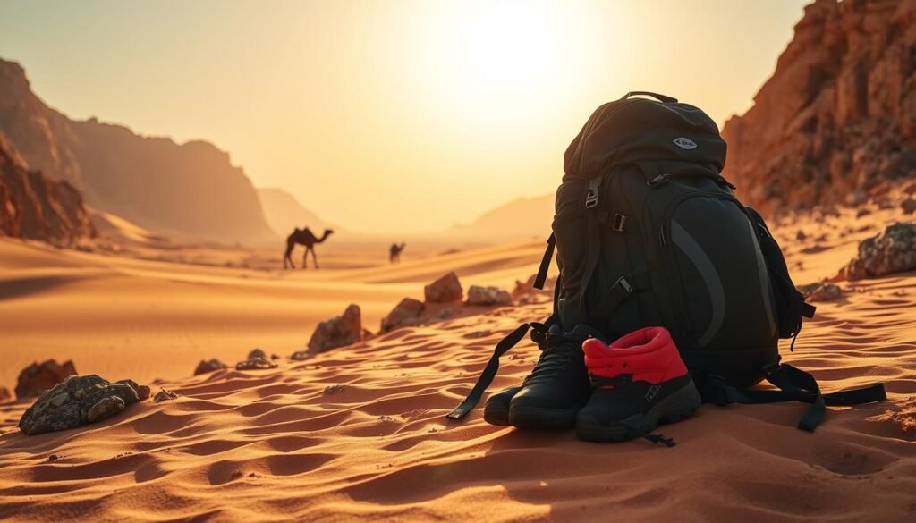 A rugged desert landscape stretches out before the adventurer, with towering sand dunes and rocky outcroppings. In the foreground, a well-equipped backpack and hiking gear lie ready, hinting at the challenging terrain ahead. The warm, golden light of the Moroccan sun casts a dreamlike glow, illuminating the intricate patterns in the sand. In the distance, a silhouette of a lone camel stands against the horizon, a testament to the region's nomadic heritage. The scene conveys a sense of anticipation and preparedness, capturing the essence of embarking on an adventure through Morocco's diverse and awe-inspiring landscapes. A rugged desert landscape stretches out before the adventurer, with towering sand dunes and rocky outcroppings. In the foreground, a well-equipped backpack and hiking gear lie ready, hinting at the challenging terrain ahead. The warm, golden light of the Moroccan sun casts a dreamlike glow, illuminating the intricate patterns in the sand. In the distance, a silhouette of a lone camel stands against the horizon, a testament to the region's nomadic heritage. The scene conveys a sense of anticipation and preparedness, capturing the essence of embarking on an adventure through Morocco's diverse and awe-inspiring landscapes.