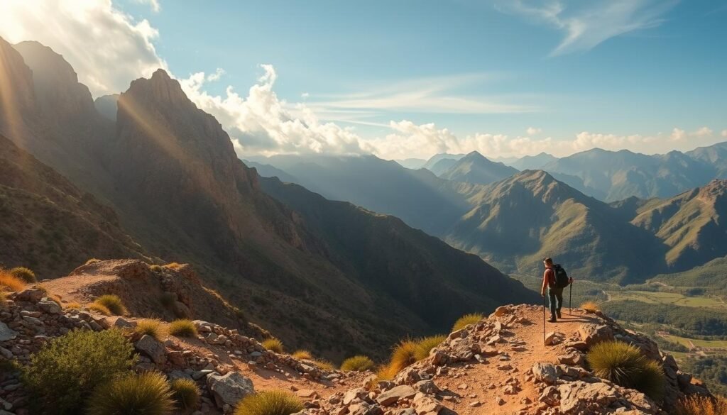A rugged hiking expedition through the majestic Atlas Mountains in Morocco. Towering peaks and rocky trails wind through a landscape of lush green valleys and ancient Berber villages. Hikers explore scenic viewpoints, discovering hidden waterfalls and oases amid the dramatic terrain. Warm sunlight filters through wispy clouds, casting a golden glow over the serene, untamed wilderness. Capture the essence of an unforgettable budget-friendly adventure amidst the natural splendor of this iconic North African destination.