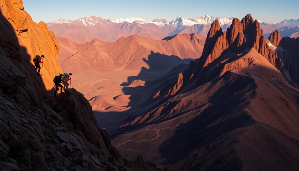 A rugged mountain landscape in Tafraoute, Morocco, featuring towering peaks with distinct rock formations and winding hiking trails. The foreground showcases a group of adventurous hikers ascending a challenging rock face, their figures silhouetted against the warm, golden light of the afternoon sun. The middle ground reveals a network of well-trodden paths snaking through the craggy terrain, leading deeper into the untamed wilderness. In the background, a range of majestic, snow-capped summits rise majestically, casting dramatic shadows over the scene. The overall atmosphere conveys a sense of exhilaration, challenge, and the allure of unexplored outdoor adventures. A rugged mountain landscape in Tafraoute, Morocco, featuring towering peaks with distinct rock formations and winding hiking trails. The foreground showcases a group of adventurous hikers ascending a challenging rock face, their figures silhouetted against the warm, golden light of the afternoon sun. The middle ground reveals a network of well-trodden paths snaking through the craggy terrain, leading deeper into the untamed wilderness. In the background, a range of majestic, snow-capped summits rise majestically, casting dramatic shadows over the scene. The overall atmosphere conveys a sense of exhilaration, challenge, and the allure of unexplored outdoor adventures.