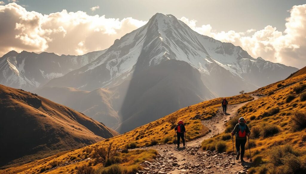 A rugged, snow-capped peak of the Atlas Mountains rises majestically, casting a majestic shadow over a winding trail that winds through a lush, verdant landscape. Hikers, their backpacks and hiking poles in hand, make their way along the path, navigating the rocky terrain and taking in the breathtaking vistas of the surrounding peaks. The warm, golden light of the sun filters through the clouds, creating a warm, inviting atmosphere that beckons the adventurer to explore this natural wonder. The image captures the essence of the Atlas Mountains as a true "Nature's Playground," where the beauty of the landscape and the thrill of the hike come together to create an unforgettable experience.
