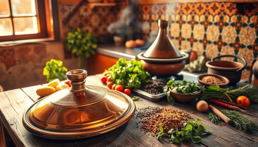 A rustic kitchen in Marrakech, Morocco, with a traditional tagine pot simmering on a clay stove. Sunlight filters through the window, casting warm, golden hues across the worn wooden table adorned with freshly chopped vegetables, fragrant spices, and a colorful array of Moroccan herbs. In the foreground, the polished copper tagine lid reflects the flickering flames, while the background showcases traditional Moroccan tiles and earthen-toned walls, evoking the essence of authentic Moroccan cuisine. The scene exudes a sense of comfort, tradition, and the celebration of fresh, locally-sourced ingredients.