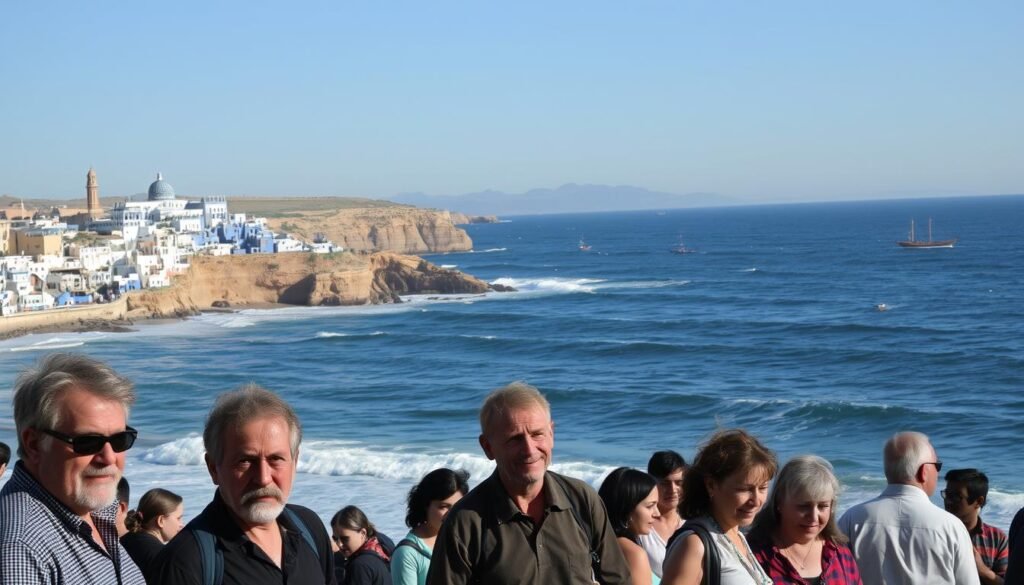 A scenic coastal vista in Essaouira, Morocco. In the foreground, a group of locals and tourists casually watch the crashing Atlantic waves, their weathered faces reflecting the warm afternoon light. The middle ground reveals the vibrant blue-and-white buildings of the historic medina, their distinctive Moorish architecture standing in contrast to the rugged cliffs beyond. In the background, the vast ocean stretches out to the horizon, dotted with traditional fishing boats and framed by a cloudless azure sky. The overall atmosphere is one of laid-back tranquility, inviting the viewer to pause and soak in the captivating seaside ambiance.