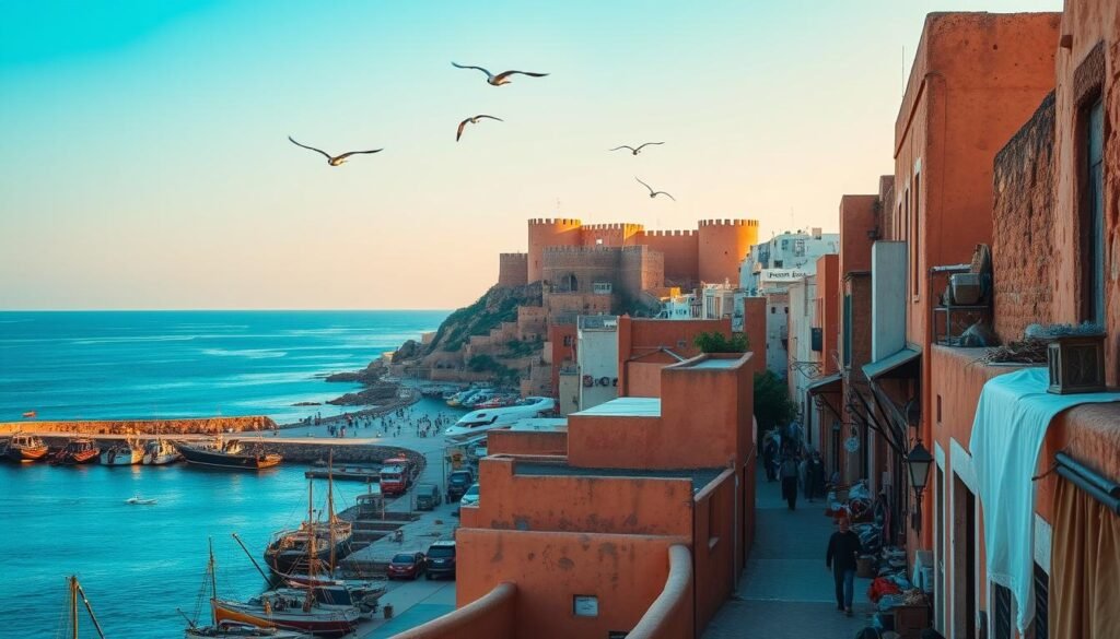 A seaside city bathed in golden afternoon light, the historic fortifications of Essaouira rise against a clear blue sky. In the foreground, narrow streets wind through the old medina, bustling with local artisans and merchants selling their wares. Fishermen mend their nets along the picturesque harbor, while seabirds soar overhead. The cool, salty breeze carries the scent of spices and freshly caught seafood. An intimate, unhurried atmosphere pervades the scene, inviting the viewer to stroll the ramparts and lose themselves in the timeless rhythms of this enchanting Moroccan coastal town.