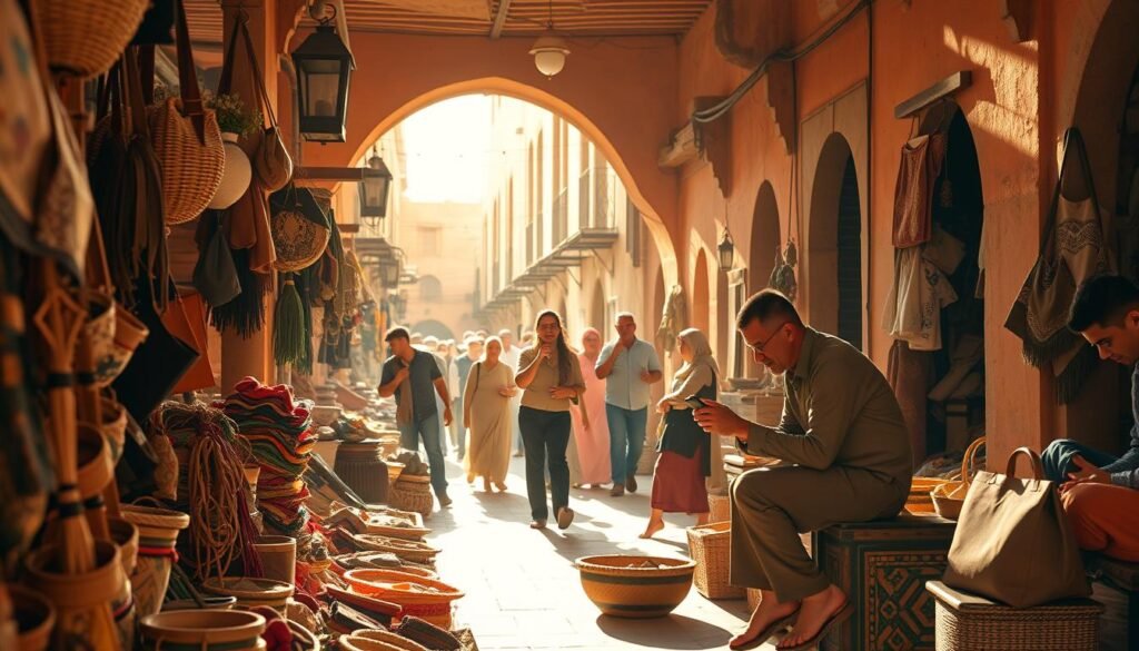 A serene Moroccan marketplace, sun-dappled and bustling with activity. In the foreground, a vibrant display of colorful handcrafted goods, from woven baskets to intricate leather pouches. In the middle ground, a merchant perched on a low stool, engaged in lively bargaining with a traveler, their hands animated as they discuss prices. Beyond, a maze of winding alleys and archways, with locals navigating the bustling scene. The atmosphere is one of energy and tradition, with warm, golden lighting casting a nostalgic glow over the entire tableau. Capturing the essence of savvy, budget-conscious travel in Morocco.