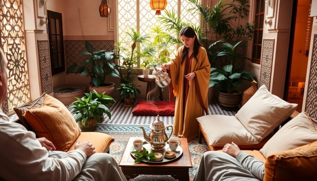 A serene Moroccan mint tea ritual unfolds in a cozy riad courtyard. Soft, warm lighting filters through latticed windows, illuminating the intricate mosaic tiles and lush potted plants. In the center, a low table holds a traditional silver teapot, delicate cups, and a plate of Moroccan sweets. A graceful host, robed in rich fabrics, pours the fragrant, steaming tea, its swirling tendrils evoking the meditative ritual. Guests recline on plush cushions, sipping slowly and savoring the moment, immersed in the harmony of Moroccan culture and hospitality.