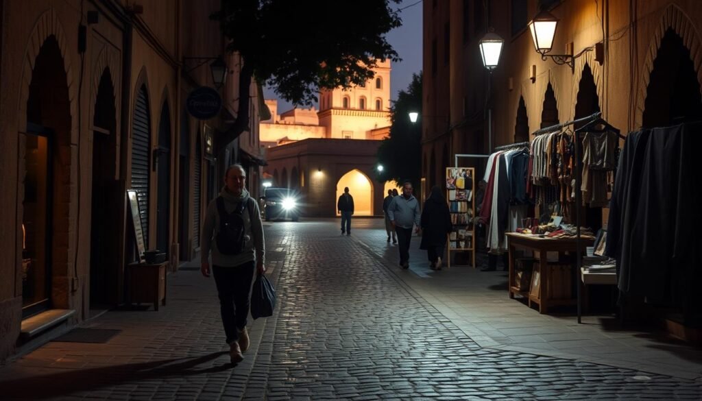 A serene Moroccan street scene, dimly lit by warm, ambient lighting. In the foreground, a traveler carefully navigates the cobblestone path, mindfully observing their surroundings. In the middle ground, a local merchant offers handcrafted goods, inviting passersby to explore. In the background, the iconic architecture of Marrakech rises, casting long shadows that create a sense of safety and security. The overall atmosphere conveys a harmonious balance between exploration and caution, inspiring confidence in the viewer to venture forth and embrace the wonders of Morocco's budget-friendly delights.