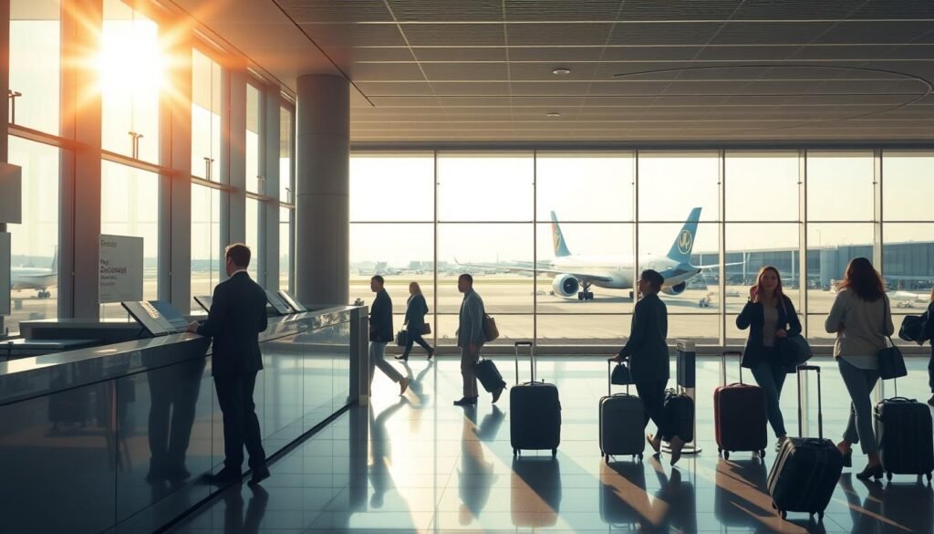 A serene airport interior, bathed in warm natural light streaming through large windows. In the foreground, a person standing at a sleek, modern airline counter, engaged in a booking conversation. Surrounding them, travelers in smart casual attire hurry past, their luggage and carry-on bags in tow. The background reveals a panoramic view of the tarmac, with aircraft of various sizes preparing for takeoff to distant destinations, including the iconic silhouette of a Boeing 787 Dreamliner, its nose pointed towards Morocco. The atmosphere conveys a sense of excitement and anticipation for the journey ahead.