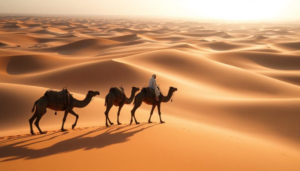 A serene caravan of camels gracefully treading across the rolling sand dunes of the Sahara Desert, their majestic silhouettes casting long shadows under the warm, golden sunlight. In the middle distance, a lone nomad guide leads the way, their traditional robes billowing in the gentle breeze. The vast, endless expanse of the desert stretches out to the horizon, painted in hues of amber, ochre, and sienna. The scene evokes a sense of tranquility, adventure, and a connection to the timeless, timeless rhythms of this extraordinary, dreamlike landscape.