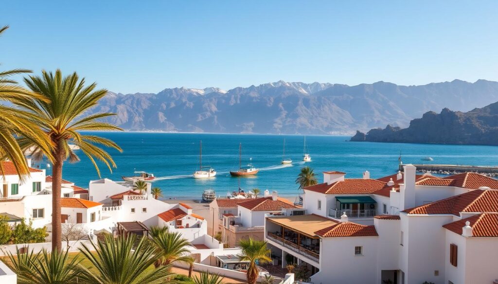 A serene coastal scene in Morocco, with sun-drenched beaches, turquoise waters, and towering cliffs. In the foreground, white-washed villas and charming seaside restaurants dot the shoreline, their terracotta roofs gleaming in the warm light. A gentle breeze ruffles the palm trees swaying overhead, casting soft shadows across the sand. In the middle ground, traditional fishing boats bob gently in the calm harbor, their vibrant colors reflecting in the glimmering waves. The background is dominated by dramatic, rugged mountains, their peaks capped with a dusting of snow, creating a stunning contrast with the azure sky. The overall atmosphere is one of tranquility and natural beauty, inviting the viewer to imagine a serene coastal getaway in this enchanting corner of Morocco.
