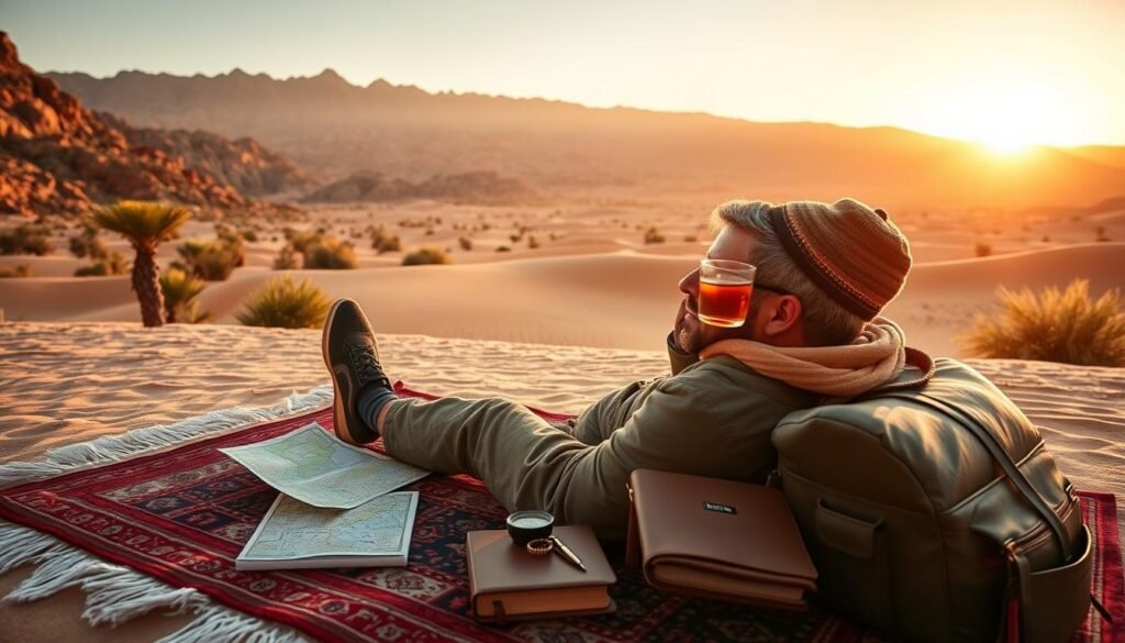 A serene desert oasis at golden hour, featuring a majestic Atlas Mountain backdrop. In the foreground, a well-equipped traveler relaxes on a traditional Moroccan rug, sipping mint tea and surrounded by a neatly organized array of travel essentials - a map, a guidebook, a compass, and a leather journal. Soft, warm lighting bathes the scene, creating a sense of tranquility and anticipation for the journey ahead. The overall composition conveys a feeling of insider knowledge, preparation, and the promise of a smooth, fulfilling travel experience in Morocco.