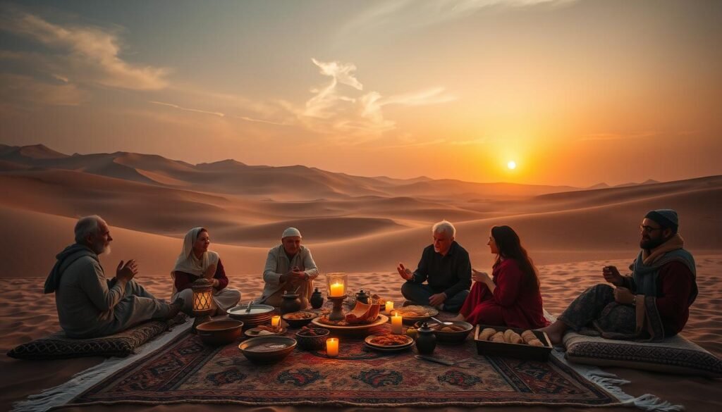 A serene evening in the heart of the Moroccan desert, where a traditional dinner scene unfolds under the soft glow of lanterns. In the foreground, a low table is adorned with an ornate Berber rug, hosting an array of fragrant dishes - from sizzling tagine to freshly baked flatbread. Seated around the table, a group of guests immerse themselves in the rich flavors and vibrant cultural exchange, capturing the essence of Moroccan hospitality. The middle ground features a backdrop of towering dunes, casting long shadows as the sun dips below the horizon. The warm, golden light bathes the scene, creating a timeless, cinematic atmosphere. Wispy clouds drift across a dusky sky, completing the tranquil, otherworldly ambiance of this Moroccan desert dinner experience.