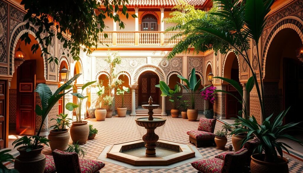 A serene oasis in the heart of Marrakech, an ornate historic riad with intricate tilework, ornate arched doorways, and a serene central courtyard with a bubbling fountain. Lush potted plants and vibrant floral arrangements adorn the space, creating a tranquil atmosphere. Warm, golden-hued lighting filters through the open-air atrium, casting a cozy glow across the scene. The riad's traditional architecture, with its ornate carved woodwork and colorful ceramic tiles, evokes the rich cultural heritage of Morocco. Guests can relax on plush, richly-patterned cushions in the shaded seating areas, immersed in the property's timeless charm and elegance.