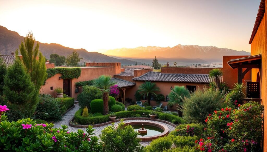 A serene oasis nestled in the rugged Atlas Mountains, a hidden Moroccan gem shimmering in the golden light. In the foreground, a lush, verdant garden overflows with exotic flora, its vibrant colors contrasting against the weathered adobe walls. Meandering pathways lead to a tranquil courtyard, where a centuries-old fountain gently cascades. In the middle ground, traditional Moroccan architecture unfolds, its intricate tilework and carved wooden doors hinting at the rich cultural heritage. In the distance, the majestic peaks of the Atlas range rise, their snow-capped summits bathed in the warm, hazy glow of the setting sun, creating a sense of timeless, untouched beauty.